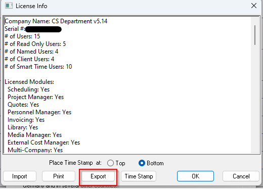 License Information window
